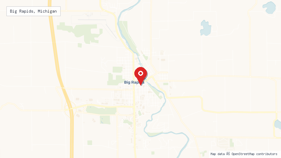 Street map of Big Rapids, Michigan with location pin