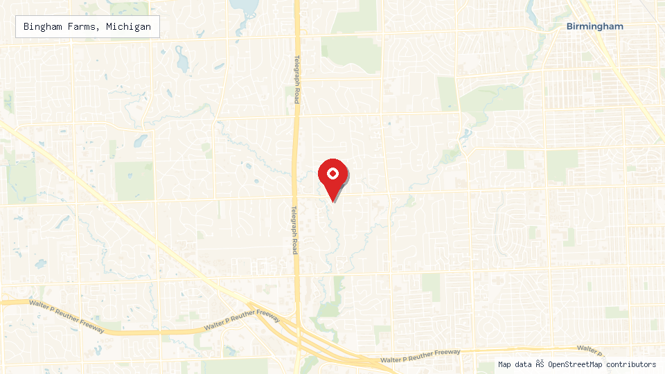 Street map of Bingham Farms, Michigan with location pin