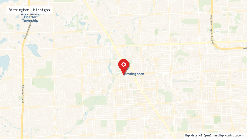 Street map of Birmingham, Michigan with location pin