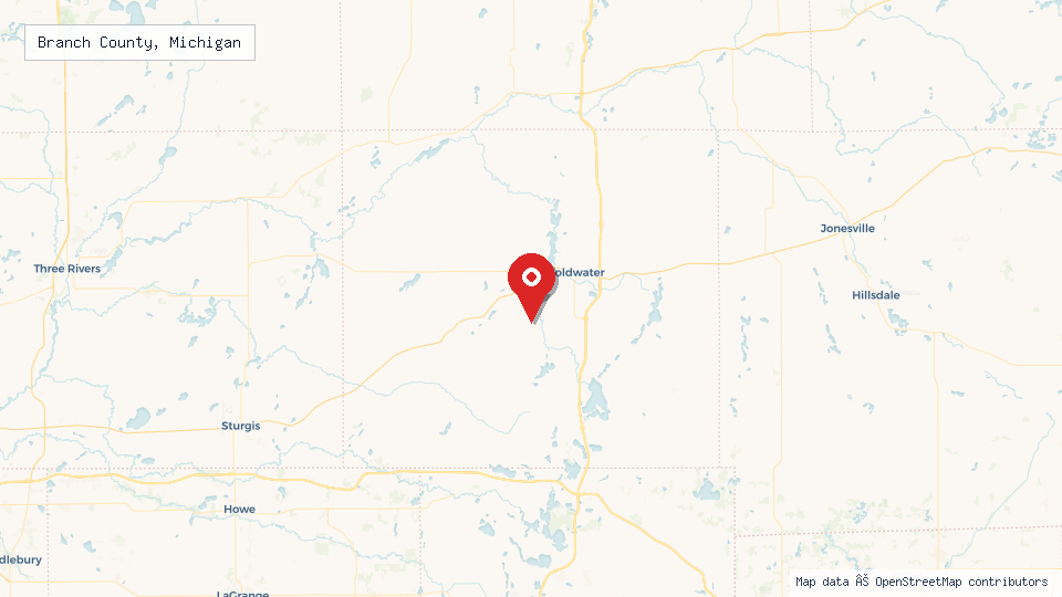 Street map of Branch County, Michigan with location pin