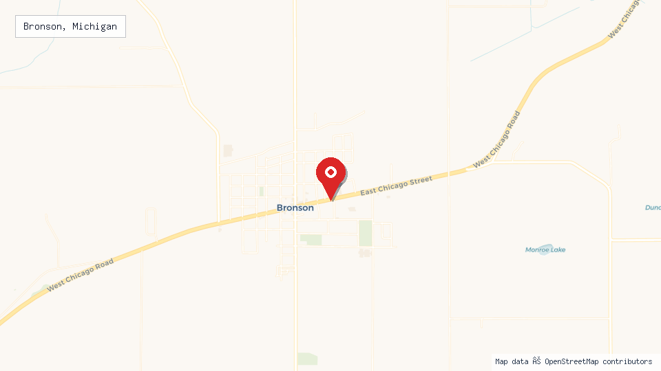 Street map of Bronson, Michigan with location pin