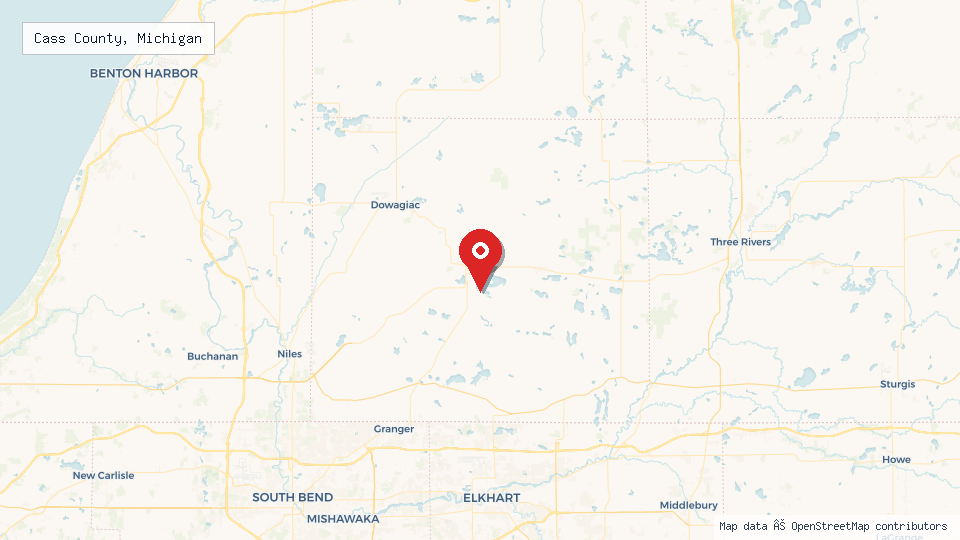 Street map of Cass County, Michigan with location pin