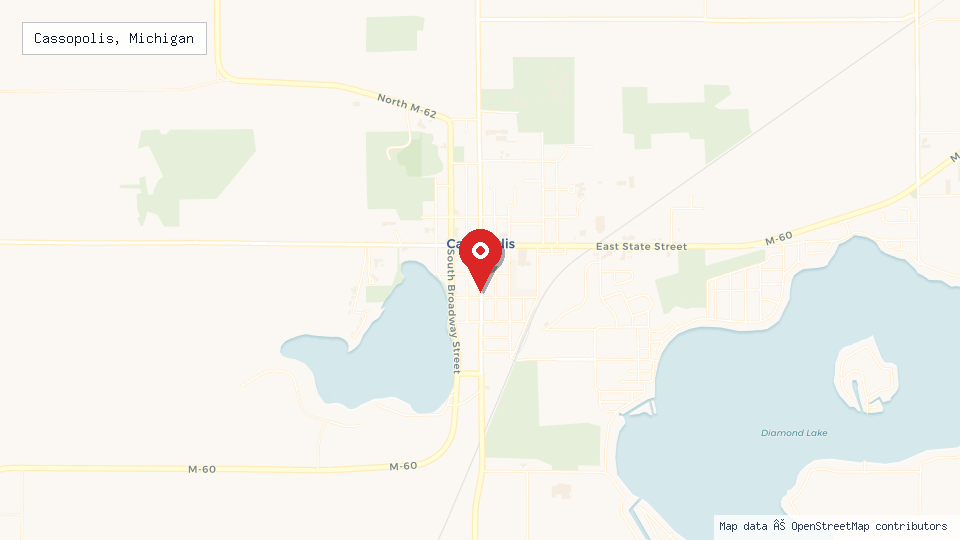 Street map of Cassopolis, Michigan with location pin