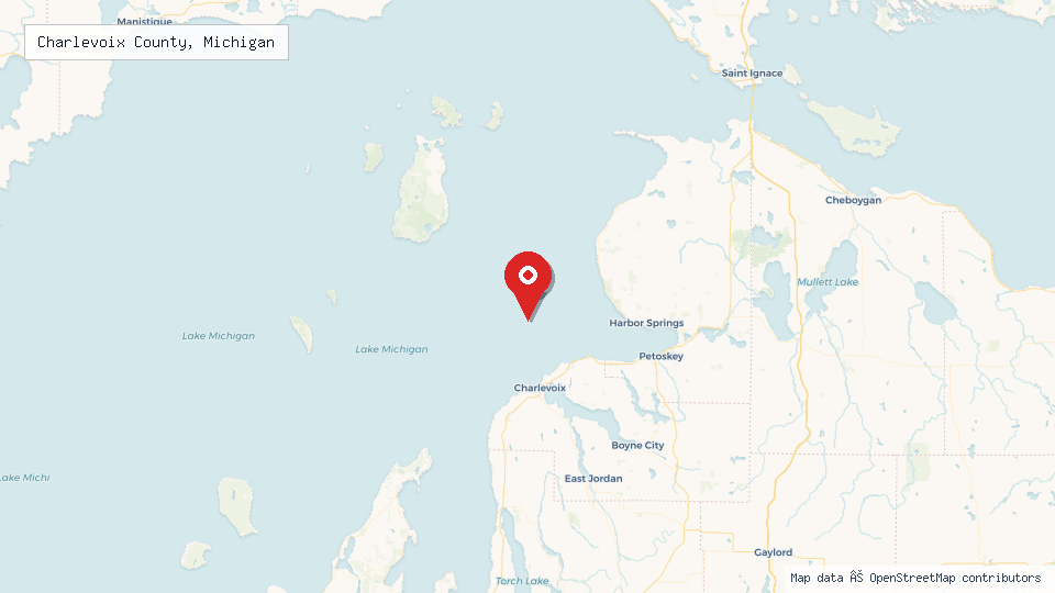 Street map of Charlevoix County, Michigan with location pin