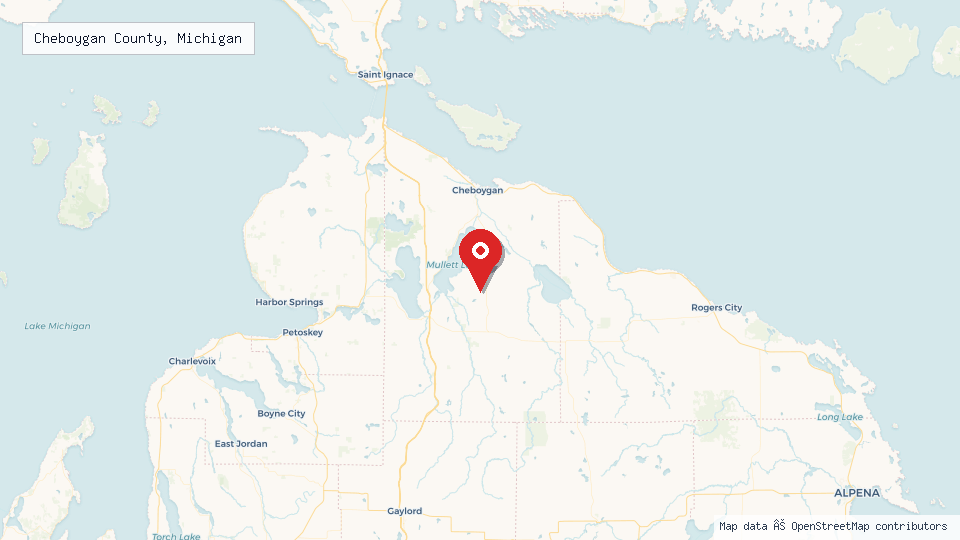 Street map of Cheboygan County, Michigan with location pin