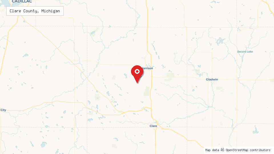 Street map of Clare County, Michigan with location pin