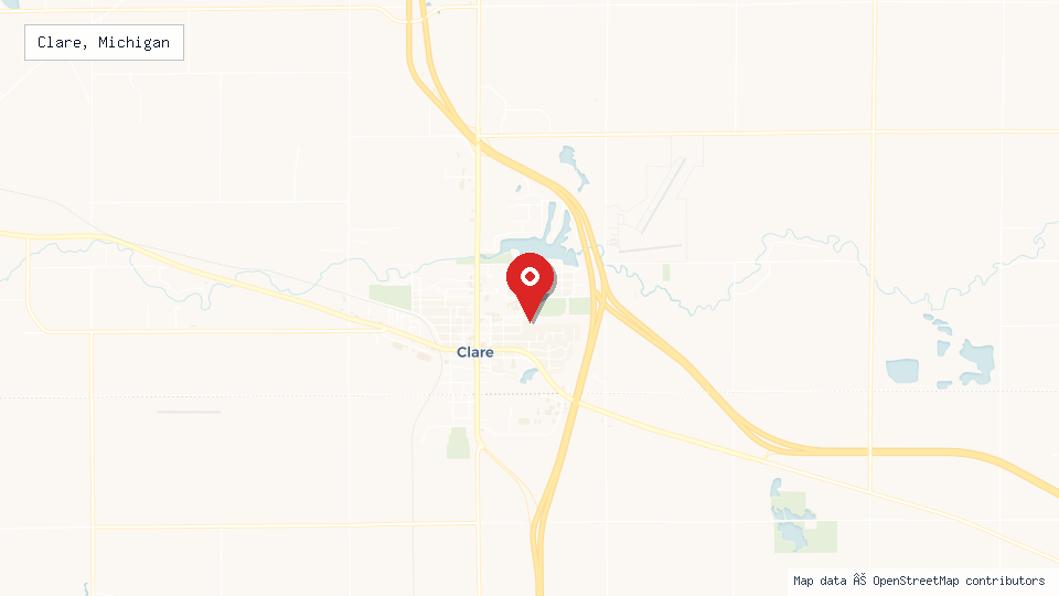 Street map of Clare, Michigan with location pin