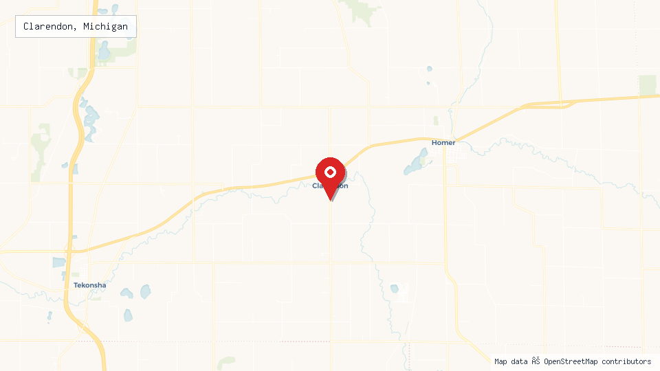 Street map of Clarendon, Michigan with location pin
