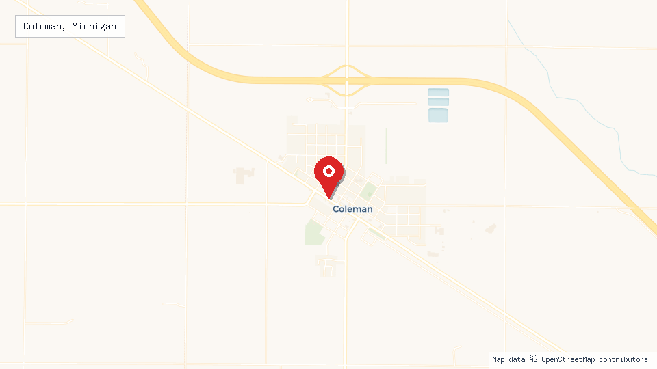 Street map of Coleman, Michigan with location pin