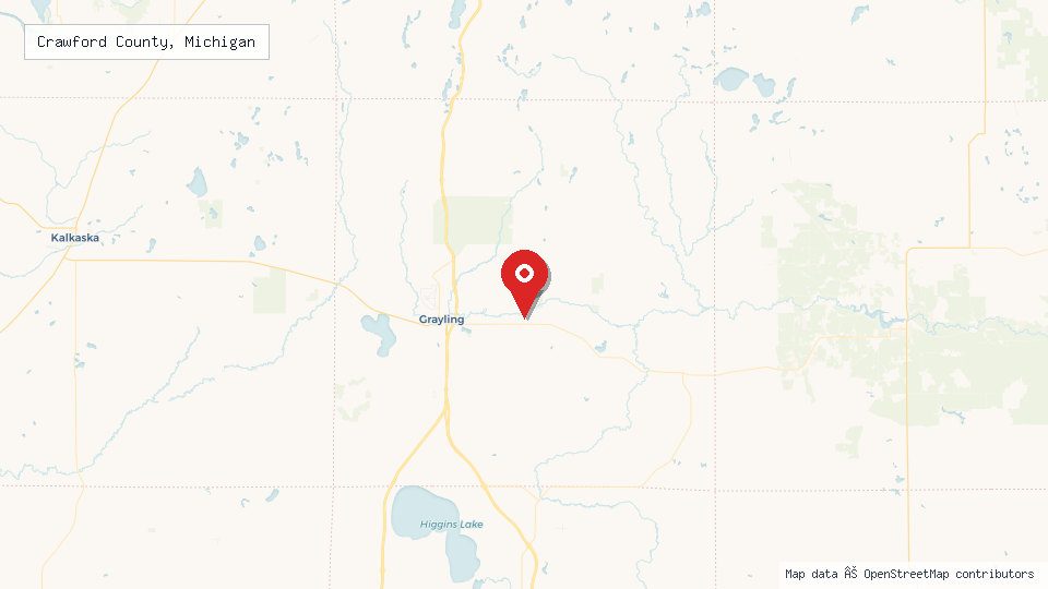 Street map of Crawford County, Michigan with location pin