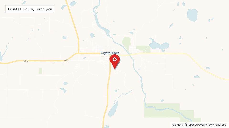 Street map of Crystal Falls, Michigan with location pin