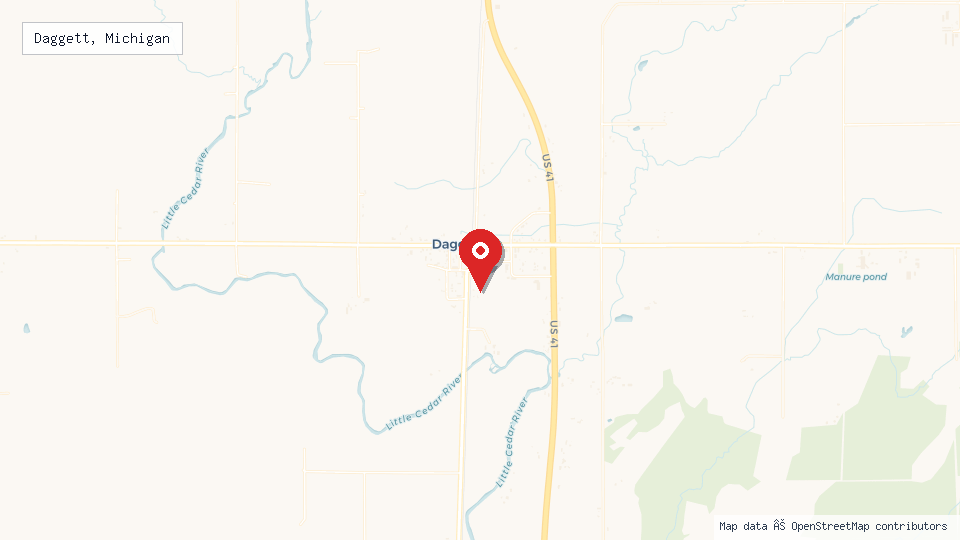 Street map of Daggett, Michigan with location pin