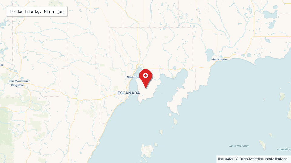 Street map of Delta County, Michigan with location pin