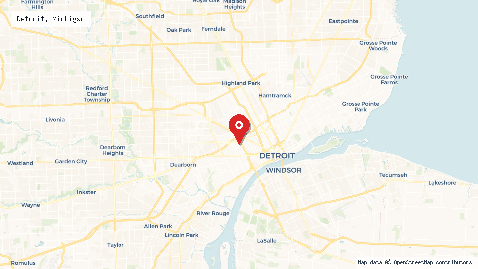 Street map of Detroit, Michigan with location pin