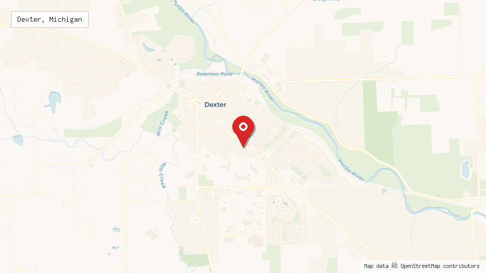 Street map of Dexter, Michigan with location pin