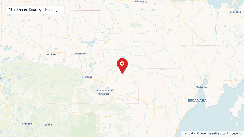 Street map of Dickinson County, Michigan with location pin
