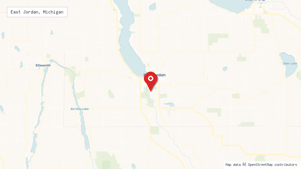 Street map of East Jordan, Michigan with location pin