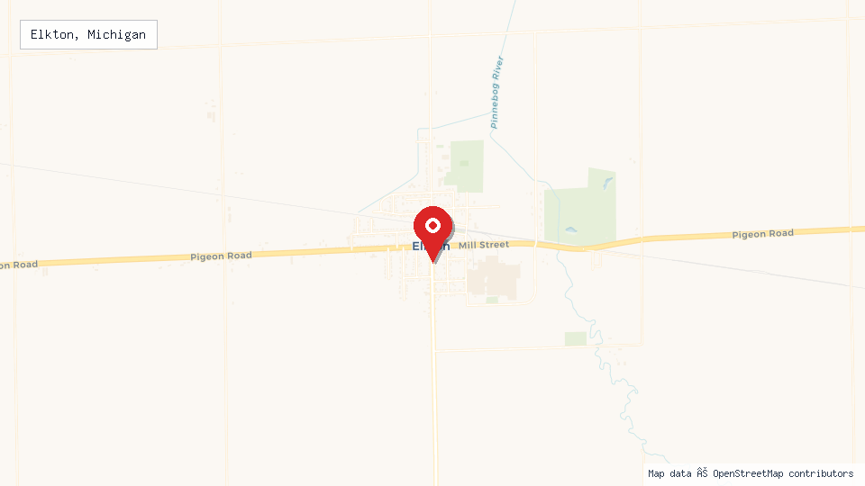 Street map of Elkton, Michigan with location pin