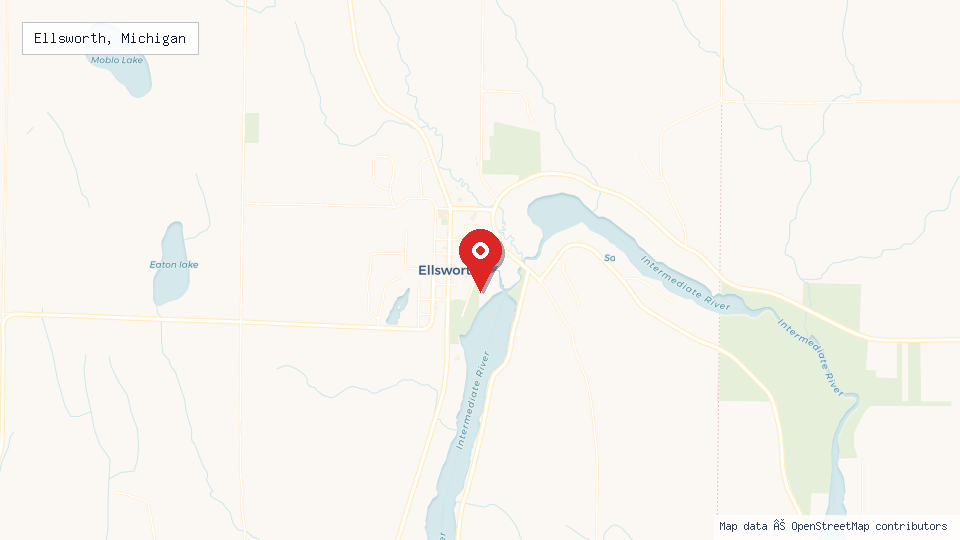 Street map of Ellsworth, Michigan with location pin