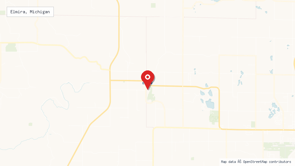 Street map of Elmira, Michigan with location pin