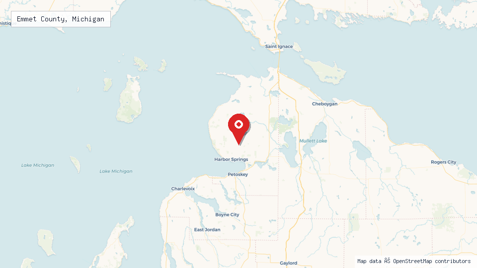 Street map of Emmet County, Michigan with location pin