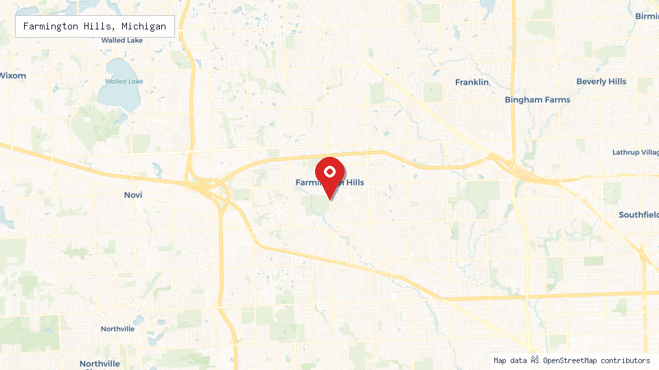Street map of Farmington Hills, Michigan with location pin