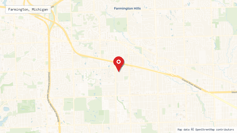 Street map of Farmington, Michigan with location pin