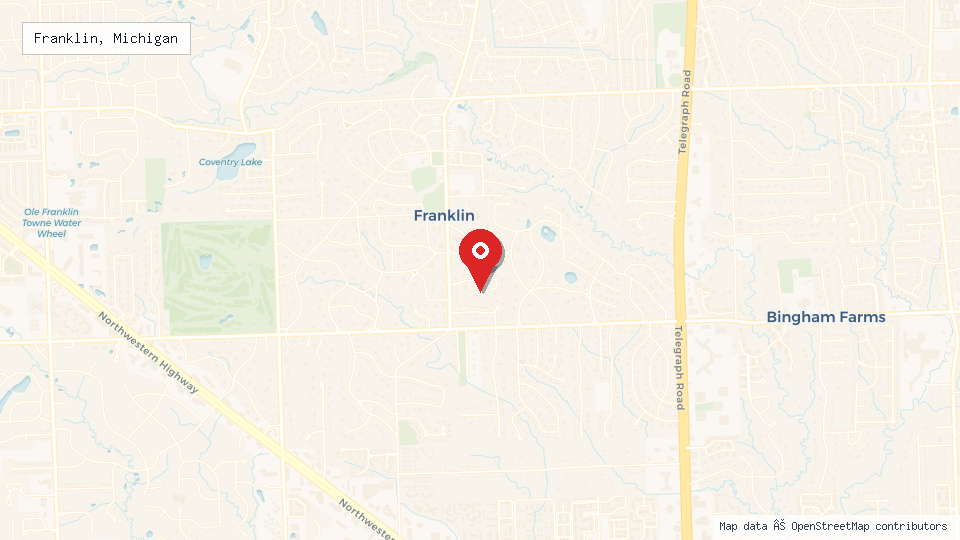 Street map of Franklin, Michigan with location pin