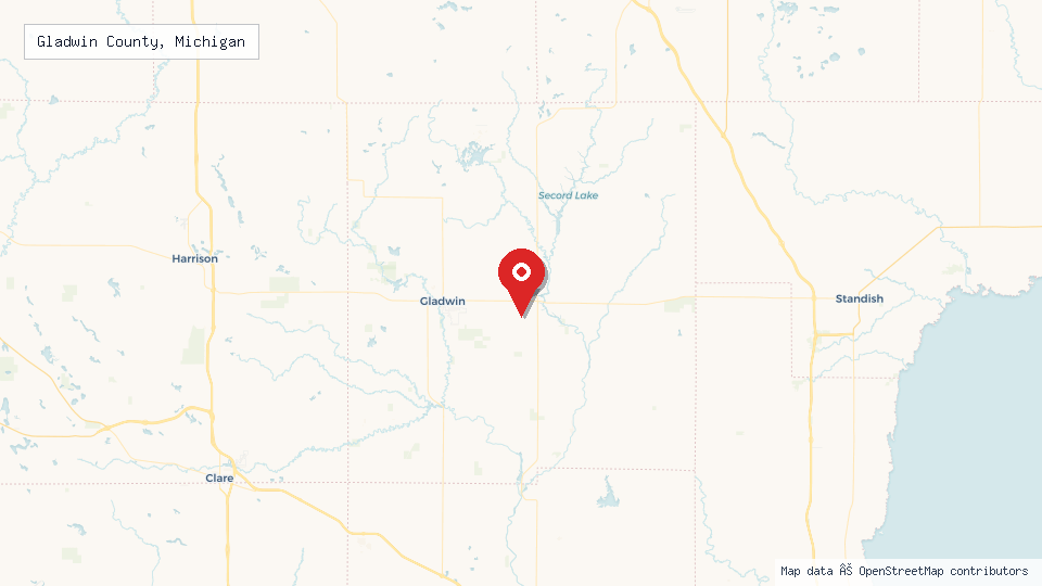 Street map of Gladwin County, Michigan with location pin
