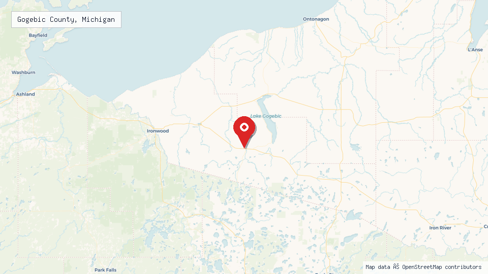Street map of Gogebic County, Michigan with location pin