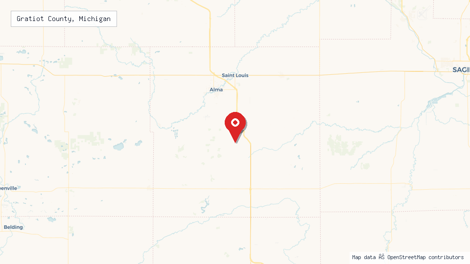 Street map of Gratiot County, Michigan with location pin