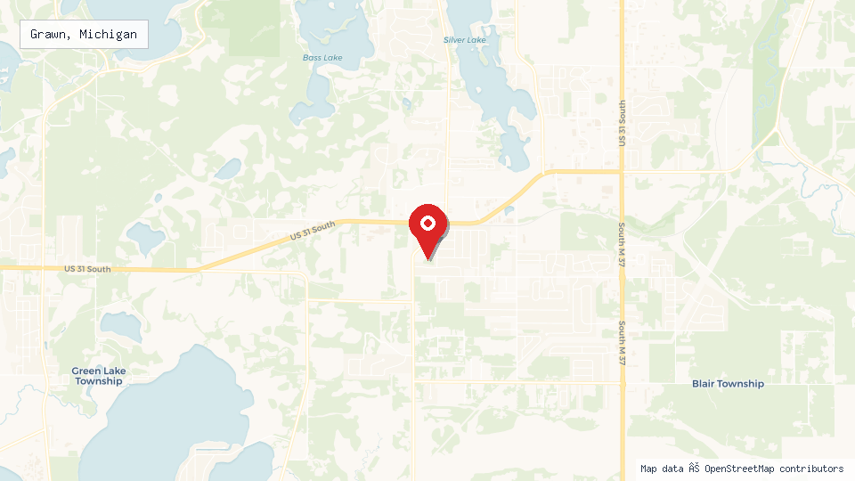 Street map of Grawn, Michigan with location pin