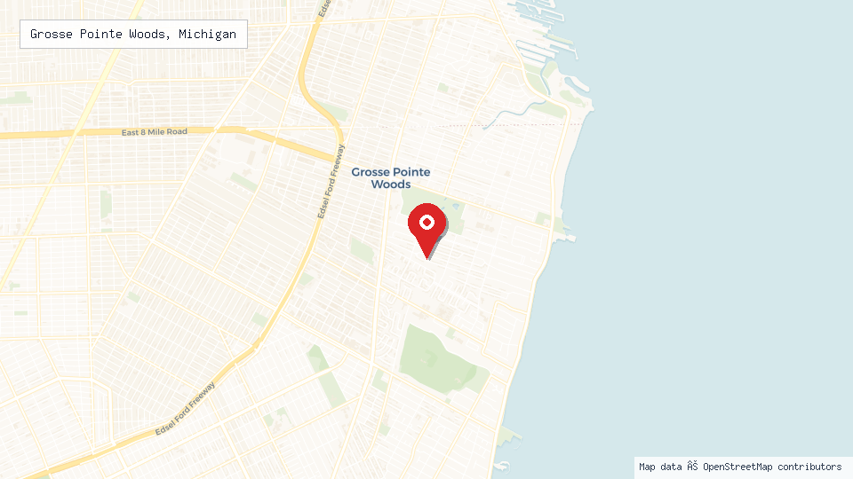 Street map of Grosse Pointe Woods, Michigan with location pin