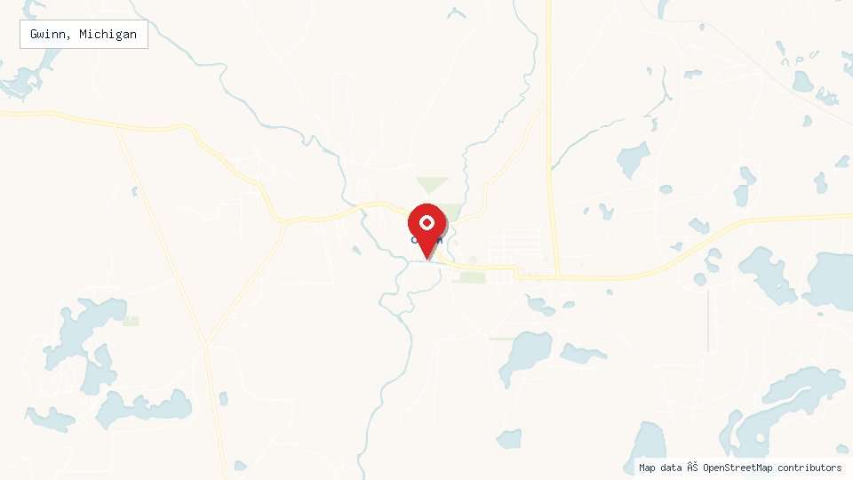 Street map of Gwinn, Michigan with location pin