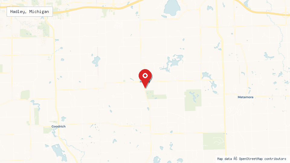 Street map of Hadley, Michigan with location pin