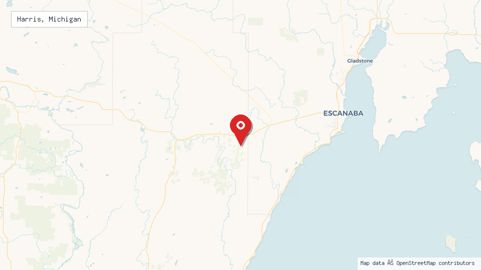 Street map of Harris, Michigan with location pin