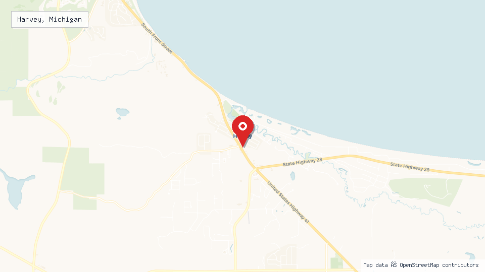 Street map of Harvey, Michigan with location pin