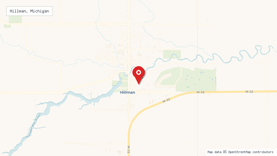 Street map of Hillman, Michigan with location pin