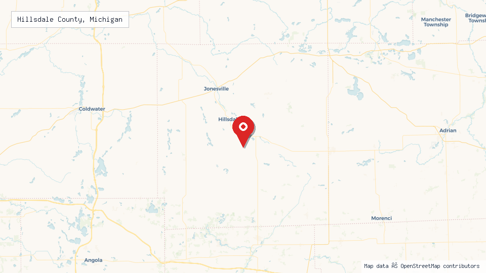 Street map of Hillsdale County, Michigan with location pin