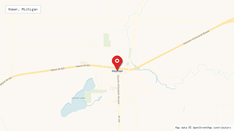 Street map of Homer, Michigan with location pin