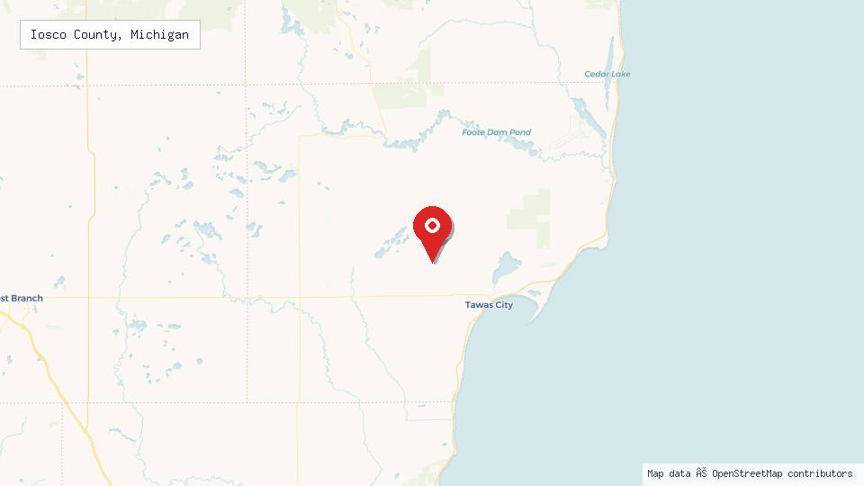 Street map of Iosco County, Michigan with location pin
