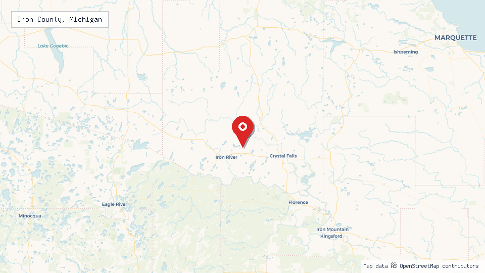 Street map of Iron County, Michigan with location pin