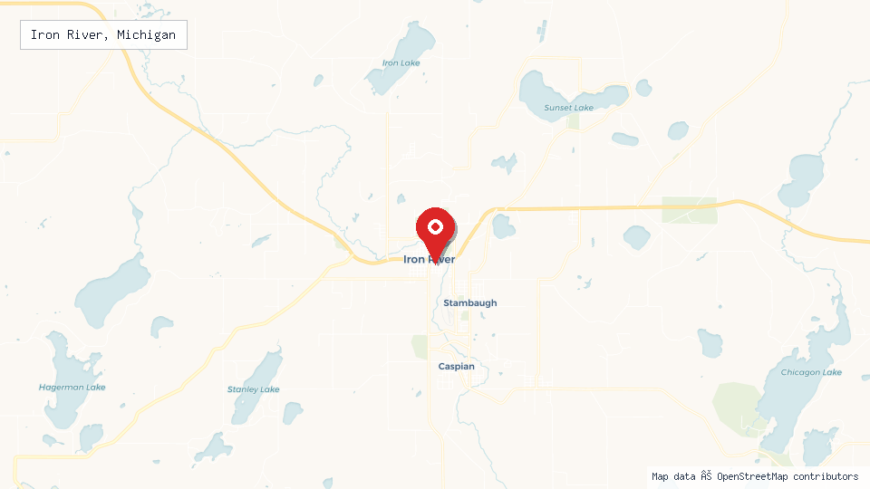 Street map of Iron River, Michigan with location pin