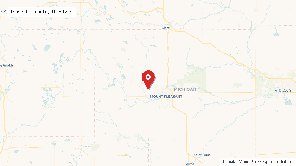 Street map of Isabella County, Michigan with location pin