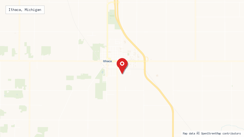 Street map of Ithaca, Michigan with location pin