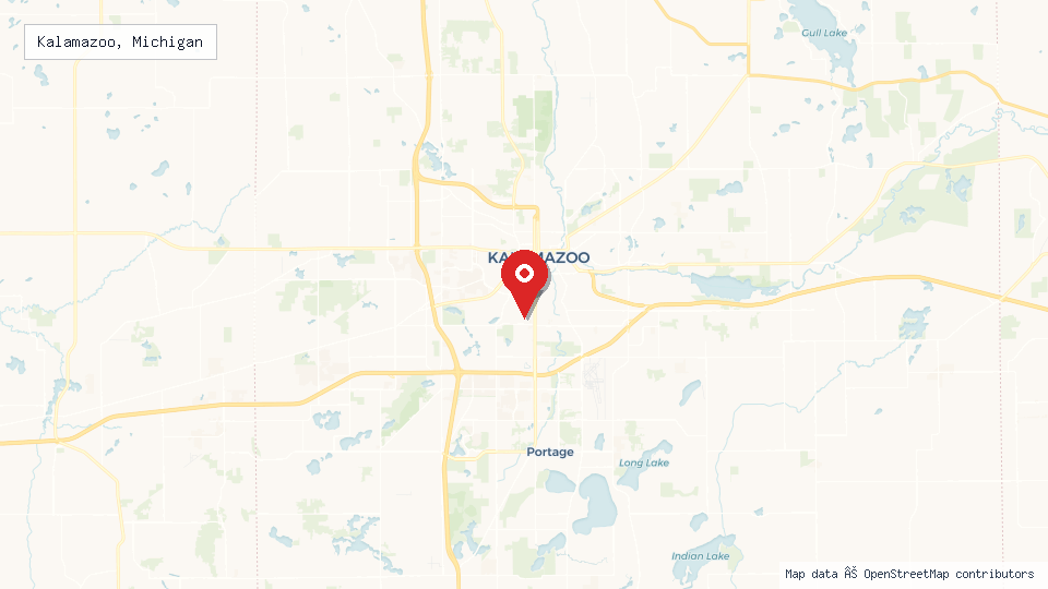 Street map of Kalamazoo, Michigan with location pin