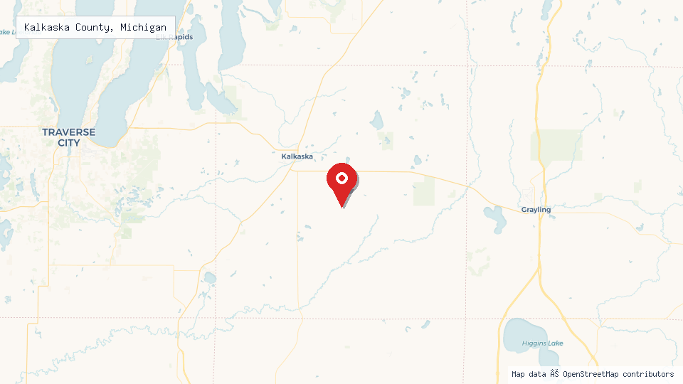 Street map of Kalkaska County, Michigan with location pin