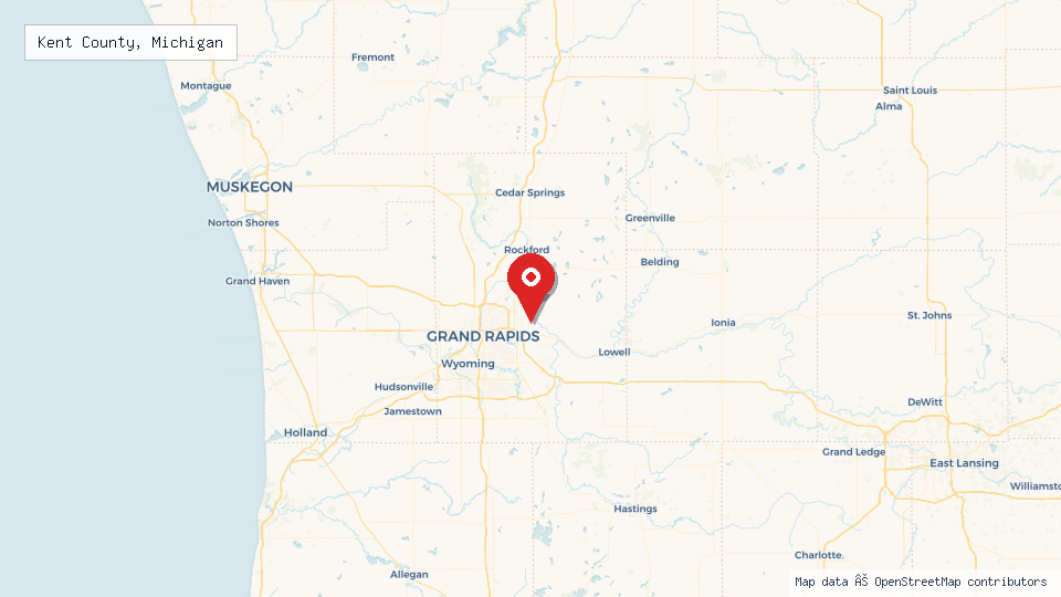 Street map of Kent County, Michigan with location pin