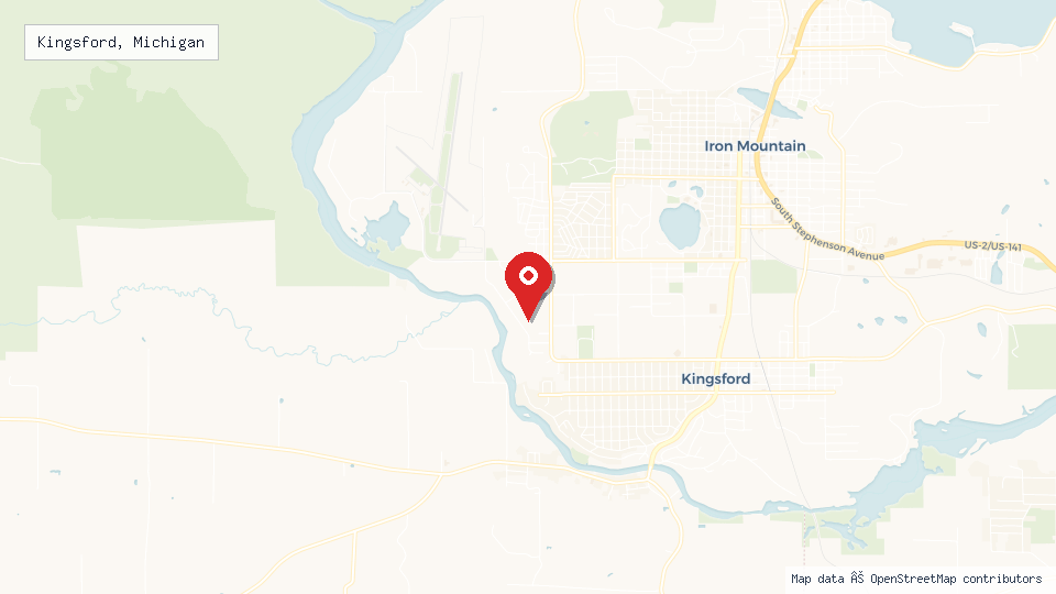 Street map of Kingsford, Michigan with location pin