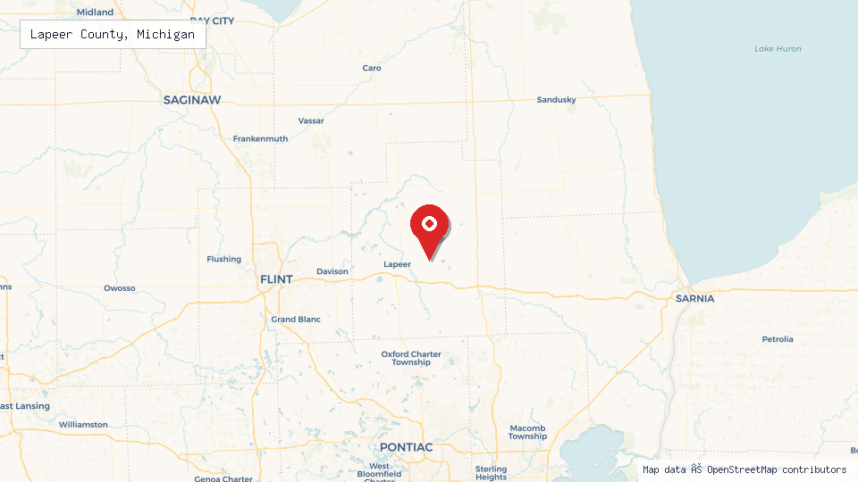 Street map of Lapeer County, Michigan with location pin